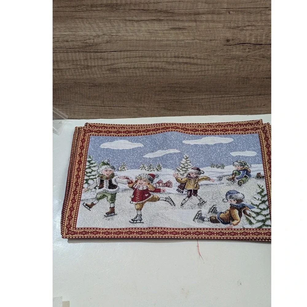 Set of 4 Vintage Winter Ice‎ Skating Woven Tapestry Placemats Red Blue Holiday